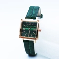 Retro square quartz watch for women with green malachite dial and crocodile leather strap - Green