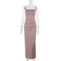 Detail of elegant ruching on a slim fit mauve long dress with thin shoulder straps - S / Dusty Pink