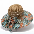 Detail of bohemian sun hat with straw crown, cashew flower brim, and elegant bow decoration - M (56-58cm) / Khaki (Small Flower)