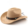 Détail d'un chapeau de cowboy avec texture suédée et bandeau en cuir à pierres turquoise - M (56-58cm) / Chameau Foncé