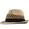 Klassischer Strohhut Panama-Stil mit Hohlgeflecht und schwarzem Band für Strandurlaub - M (56-58cm) / Naturfarben mit schwarzem Band (01)