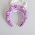 Padded cloud headband in purple plush fabric featuring elegant pearl decorations - Purple With Pearls