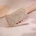 Elegant beige leather long wallet with floral embossing and gold double zippers for women - Apricot