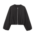 Detail of a black bomber jacket showing the round neck and silver zipper on soft fabric - Black