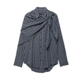 Blue and white plaid long-sleeve shirt with an asymmetric tie shawl and button closure - XS / Blue White Plaid