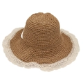 Elegant wide brim straw sun hat for women with white floral lace trim and foldable design - One Size / Khaki