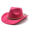 Detail of bright pink suede cowboy hat with gold bead braided band on white background - M(56-59CM) / Rose Red