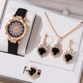 Elegant women's rose gold quartz watch and black heart jewelry set with necklace and rings - 5-Piece Set (No Box) / Black Heart Set