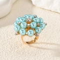 Adjustable gold ring with light blue cluster pearls and small white rhinestones - Adjustable Open / KC Gold-Lake Blue