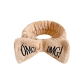 Beige coral fleece headband featuring a large bow and black OMG embroidery for washing - Camel