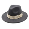 Detail of dark grey fedora wool hat featuring woven band and gold M letter metal piece - Dark Gray
