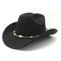 Black felt cowboy hat with brown leather band, white shells, and turquoise bead decoration - Black
