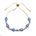 Adjustable golden Hamsa Hand bracelet with blue evil eye charms and crystal accents - Sky Blue