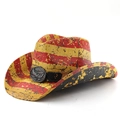 Dettaglio di cappello cowboy in paglia con strisce bandiera USA e stemma in metallo - M (56-58cm) / Stile Vintage a Righe Rosse Gialle Nere Con Distintivo Aquila (01)