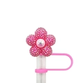 Pink rhinestone flower straw cover for 10mm tumblers with central pearl detail - Rose Red with Flower