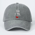 Grey washed denim baseball cap featuring white ME plus dog and red heart embroidery - One Size / Gray
