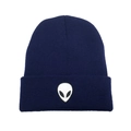 Close-up of white alien head embroidery on dark blue ribbed knit beanie cuff - One Size / Navy Blue with White Label