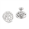 Polished silver hollow geometric stud earrings with sparkling center rhinestone - Geometric Hollow Ring Style (KE50974-K)