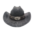Black faux leather western cowboy hat with vintage crackle texture and bull head buckle - M (56-58cm) / Black