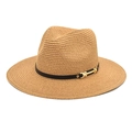 Detail of classic Panama straw hat weave with black leather band and golden buckle - M (56-58cm) / Camel