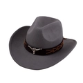 Detail of grey felt cowboy hat featuring silver bull head buckle and woven leather strap - Roped Bull Head Style / Gray
