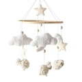 Detail of wooden baby crib mobile with sheep, cloud and star plush hanging ornaments - Beige Cloud Sheep Mobile