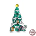 Exquisite 925 sterling silver Christmas tree charm with green enamel and festive details - Christmas Tree House (SCC2916)