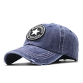 Detail of washed denim baseball cap with distressed brim and star patch embroidery - Navy Blue
