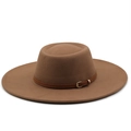 Detailed view of the flat top wool fedora hat featuring a brown leather strap and buckle - M (56-58cm) / Khaki