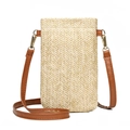 Straw woven crossbody phone bag in beige with brown PU leather shoulder straps - Plain Style / Khaki