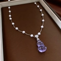 Detail of purple gourd pendant with pavé crystals and pearl-embellished silver chain - Silver Purple Stone Gourd Pearl (25#)