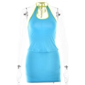 Women's sexy blue two-piece set featuring halter neck top and mini skirt with yellow trim - S / Blue