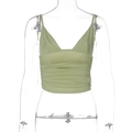 Detail shot of the V-neck pleated texture on a green slim-fit crop top vest camisole - XS / Green