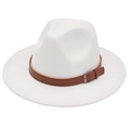 Detail of white felt fedora hat featuring a brown leather band with silver buckle - White