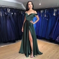 Elegant dark green off-shoulder satin gown with high side slit for formal evening events - S / Green