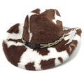 Detail of cow print cowboy hat featuring a bronze bull head badge and braided leather band - M (56-58cm) / Straight Top / Coffee Cow Print