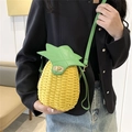 Handmade woven pineapple crossbody bag with yellow texture and green leaf flap - Pineapple