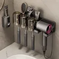 Gunmetal wall-mounted bathroom organizer set with toothbrush holder and hairdryer rack - Gunmetal Grey | 3 Slots With Cups + Toothpaste Dispenser + Hair Dryer Rack