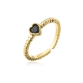 Detailed close-up of 18K gold-plated heart ring featuring a black zircon stone with twist band - Adjustable Open / Black Style (10725)
