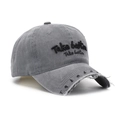 Detail of distressed grey NYC baseball cap with Boston embroidery and frayed brim - One Size / Light Gray