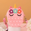 Pink unicorn pop-it fidget purse with colorful floral detail and doughnut print strap - Pink (Patch)