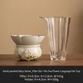 Ceramic tea strainer with pink hand-painted daisies and heat-resistant glass pitcher - Hand-Painted Daisy Filter Set + Wuyou Floral Glass Pitcher