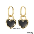 Golden heart earrings with black enamel and sunburst texture, size 18x13mm, 6g weight - Gold-Black Enamel