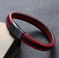 Men's braided leather bracelet with red and black cord and black matte magnetic clasp - 19cm / Black Buckle Red Leather