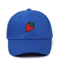 Close-up of vibrant blue baseball cap featuring detailed red strawberry embroidery detail - Adjustable / Blue