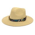 Close-up of lightweight straw fedora featuring a colorful snakeskin band and gold buckle - M (56-58cm) / Beige