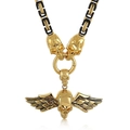 Gothic skull and wings pendant necklace in golden finish with black and gold chain - Gold Color Black Lacquer Winged Skull Style (KN199272-Z)