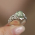Retro S925 sterling silver ring with oval light green gemstone and floral engraving - JZ0384-Light Green Gem