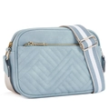Quilted light blue crossbody camera bag with gold zipper and striped woven strap - Light Blue