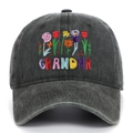 Washed dark gray baseball cap with GRANDMA and floral embroidery in vintage style - Adjustable / Green